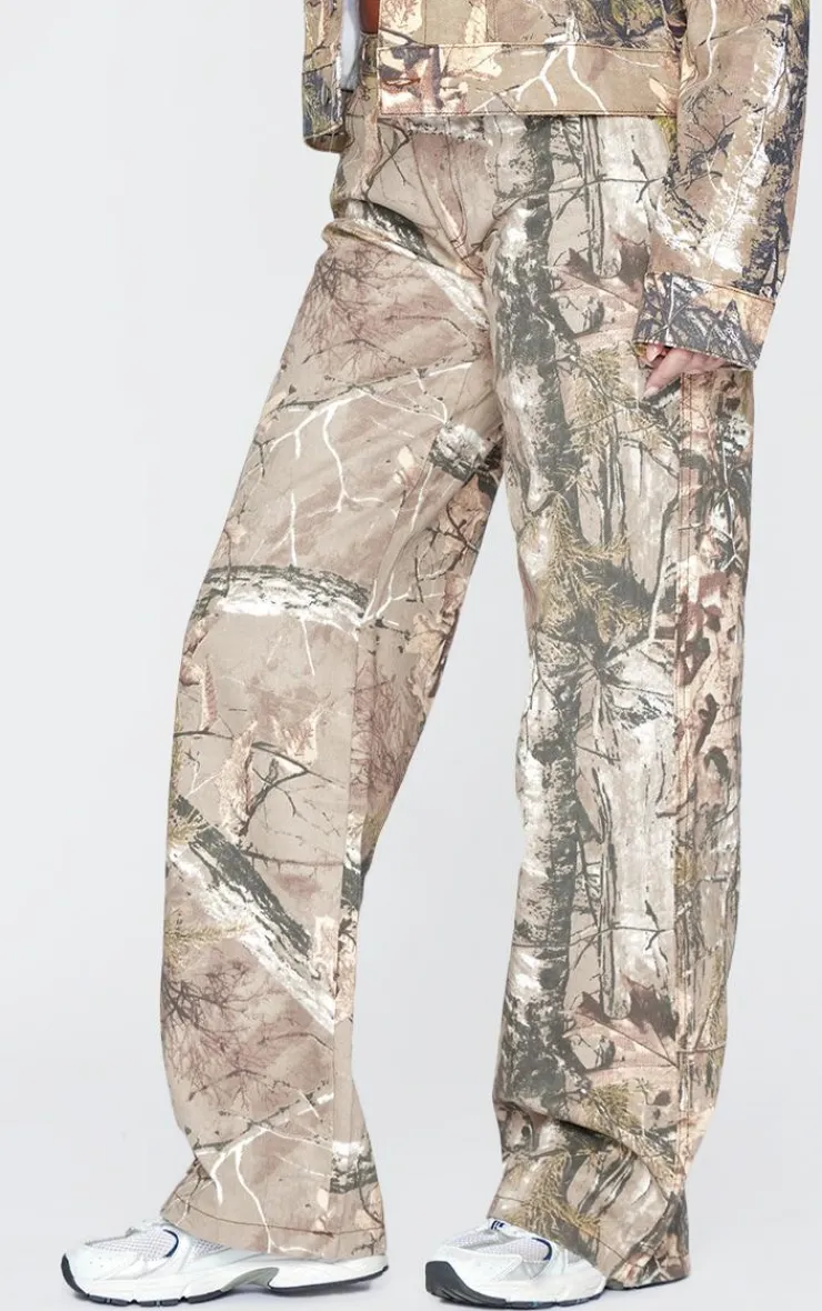 New PrettyLittleThing Tall Multi Printed Mid Rise Wide Leg Jeans Brown