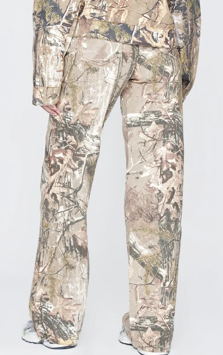 New PrettyLittleThing Tall Multi Printed Mid Rise Wide Leg Jeans Brown