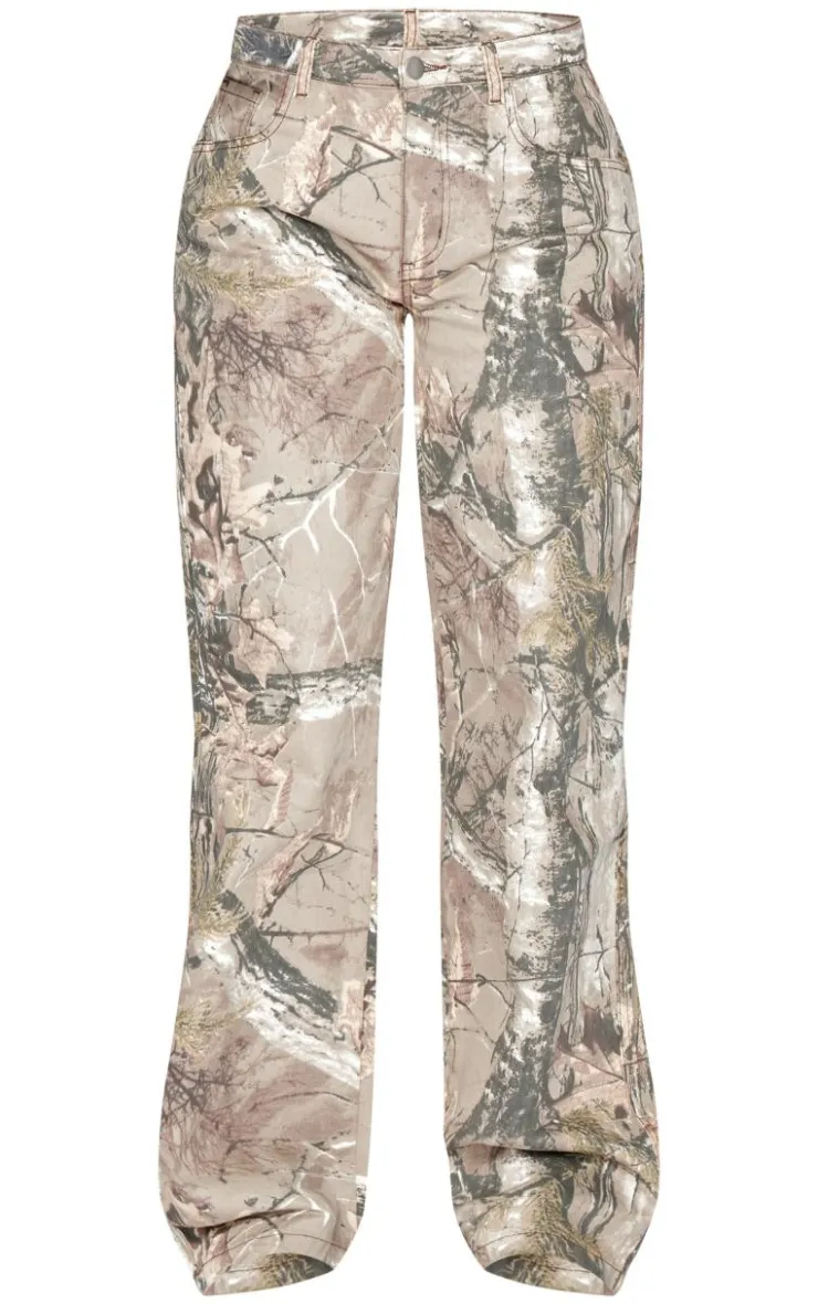New PrettyLittleThing Tall Multi Printed Mid Rise Wide Leg Jeans Brown