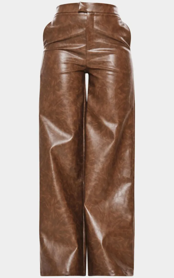 Online PrettyLittleThing Tall Faux Leather Wide Leg Pants Chocolate
