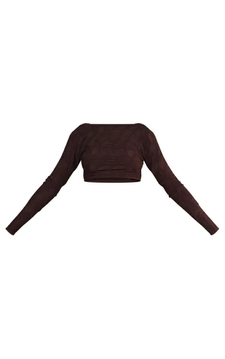 Discount PrettyLittleThing Tall Textured Jersey Long Sleeve Backless Top Chocolate