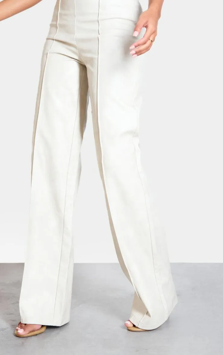Hot PrettyLittleThing Tall Faux Leather Seam Detail Wide Leg Pants Cream