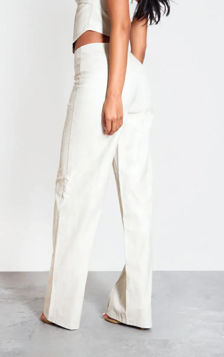 Hot PrettyLittleThing Tall Faux Leather Seam Detail Wide Leg Pants Cream