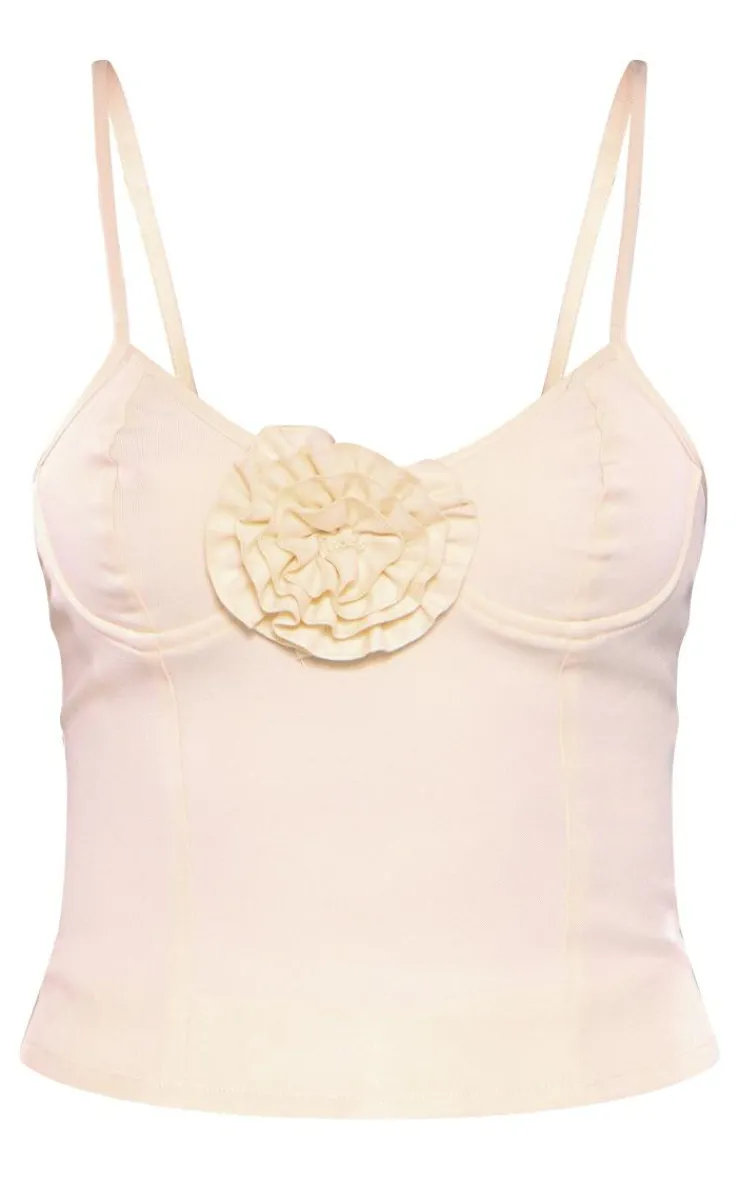Hot PrettyLittleThing Tall Flower Detail Cami Strap Crop Top Cream