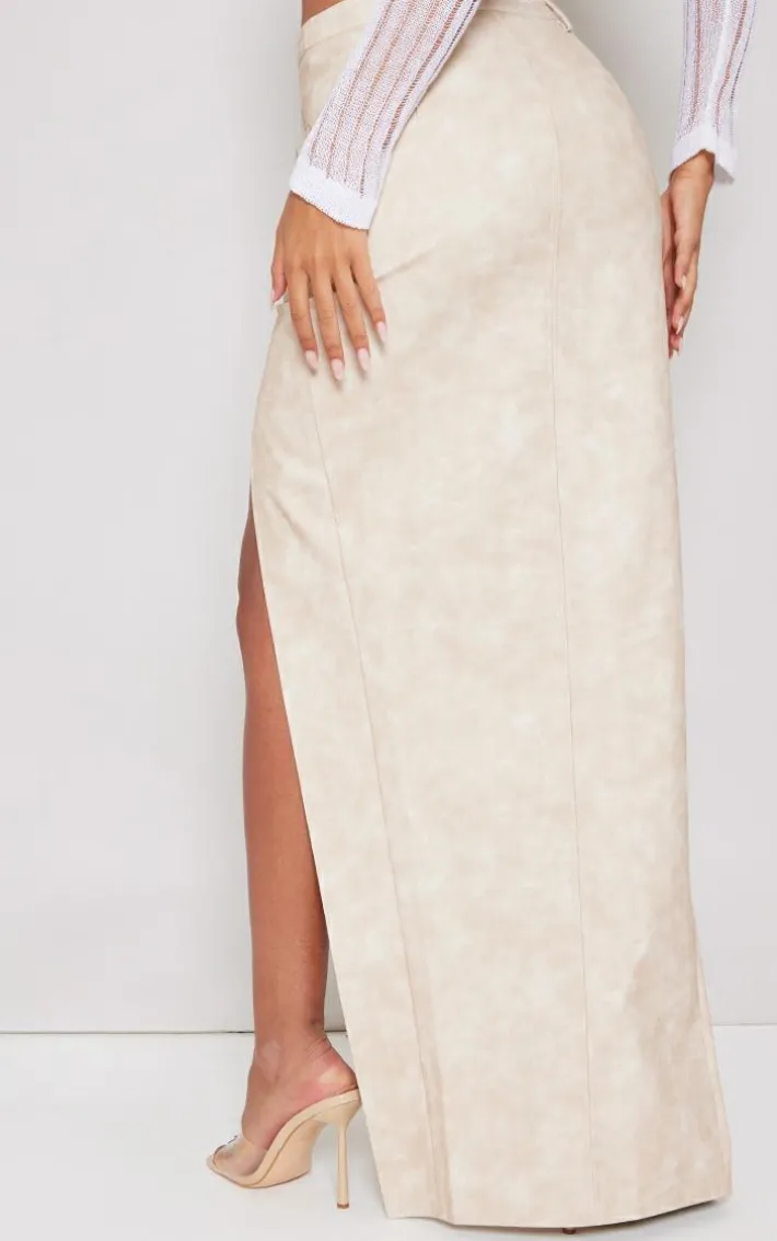 Tall Cream Washed Pu Buckle Detail Split Maxi Skirt