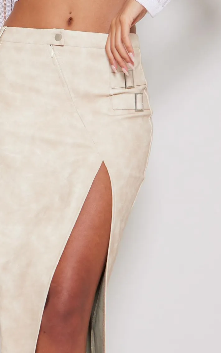Tall Cream Washed Pu Buckle Detail Split Maxi Skirt