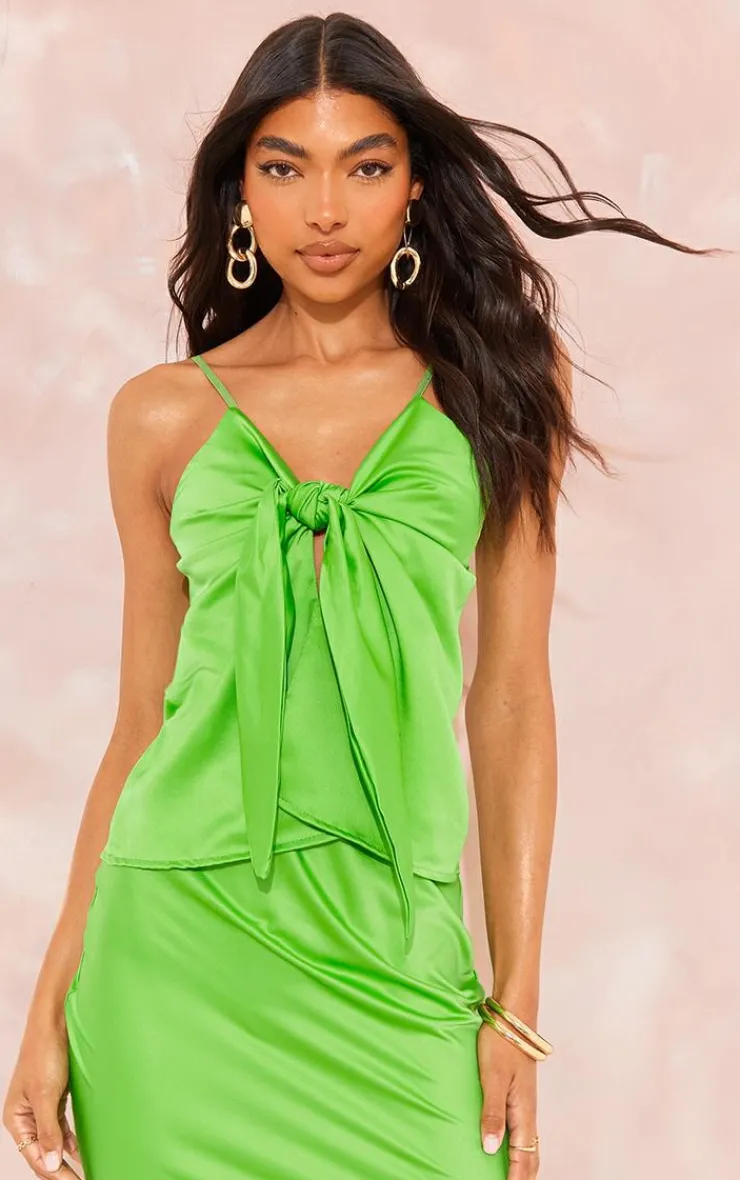 Clearance PrettyLittleThing Tall Satin Tie Front Long Top Green