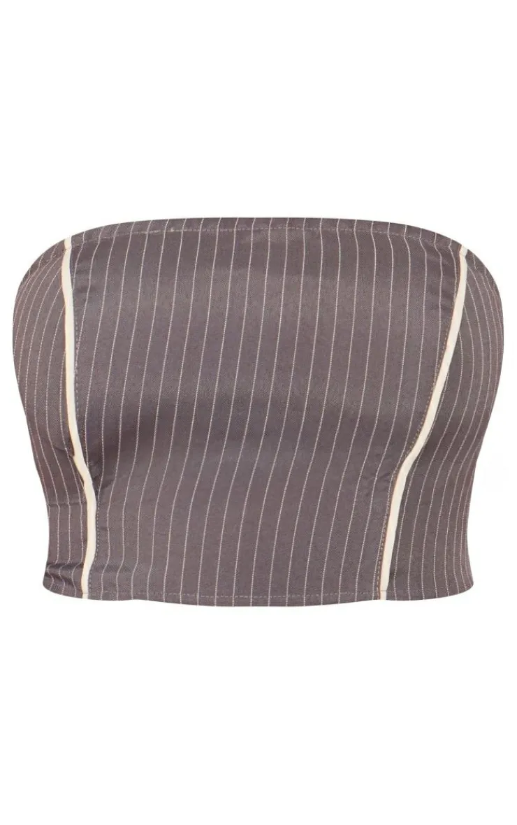 Discount PrettyLittleThing Tall Pinstripe Bandeau Zip Up Top Grey