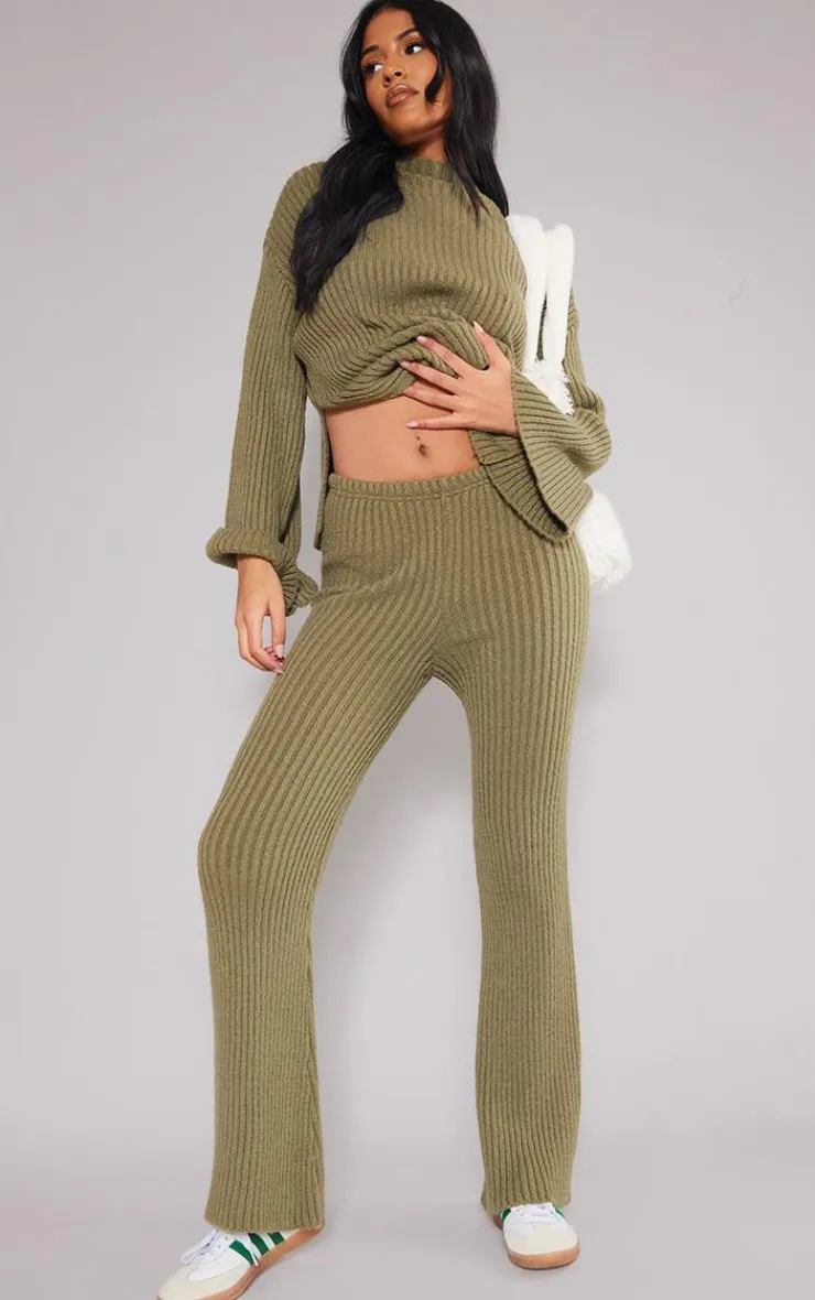 Hot PrettyLittleThing Tall Soft Knit Wide Leg Pants Olive