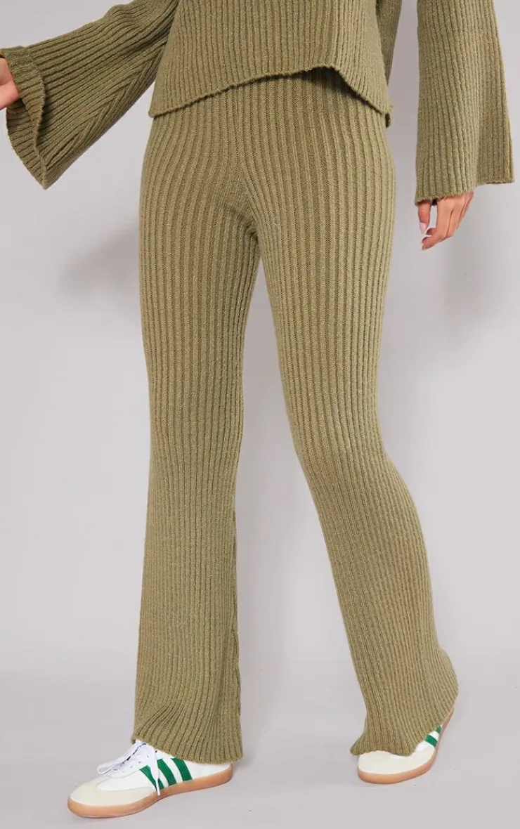 Hot PrettyLittleThing Tall Soft Knit Wide Leg Pants Olive