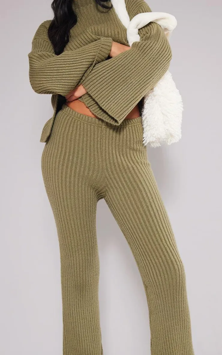 Hot PrettyLittleThing Tall Soft Knit Wide Leg Pants Olive