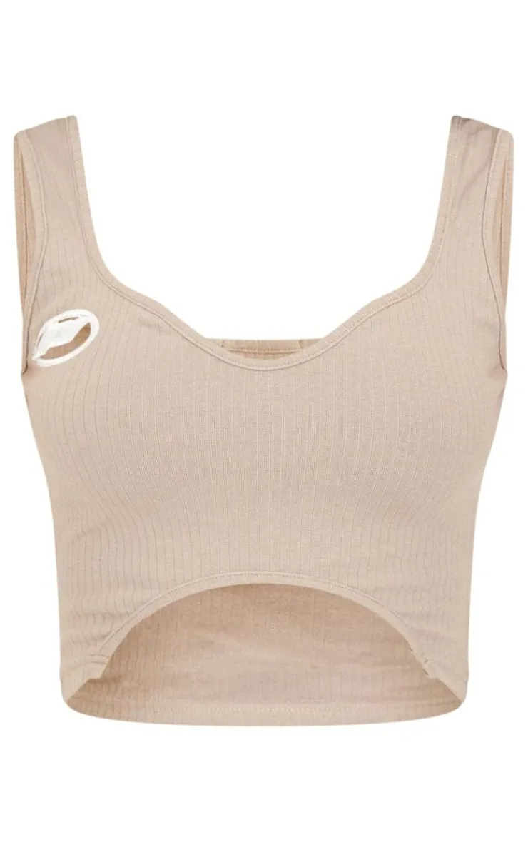 Outlet PrettyLittleThing Tall Ribbed Logo Cut Out Detail Crop Top Stone