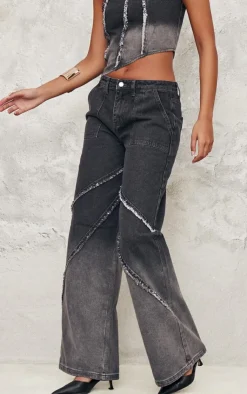 Discount PrettyLittleThing Tall Low Rise Raw Seam Detail Wide Leg Jeans Vintage Black Wash