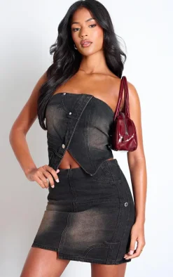 Outlet PrettyLittleThing Tall Band Detail Bandeau Denim Crop Top Washed Brown
