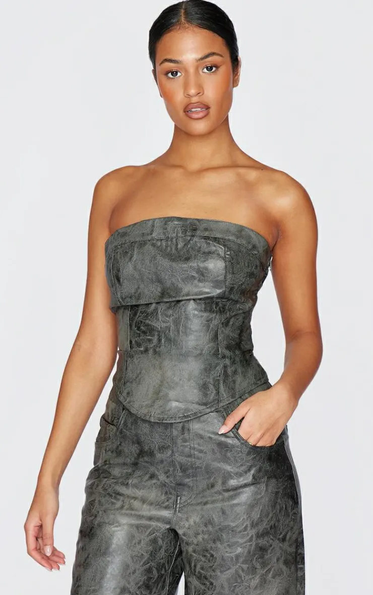 Outlet PrettyLittleThing Tall Faux Leather Lace Up Detail Corset Top Washed Grey