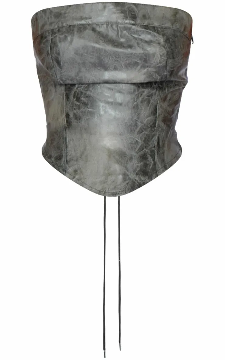 Outlet PrettyLittleThing Tall Faux Leather Lace Up Detail Corset Top Washed Grey