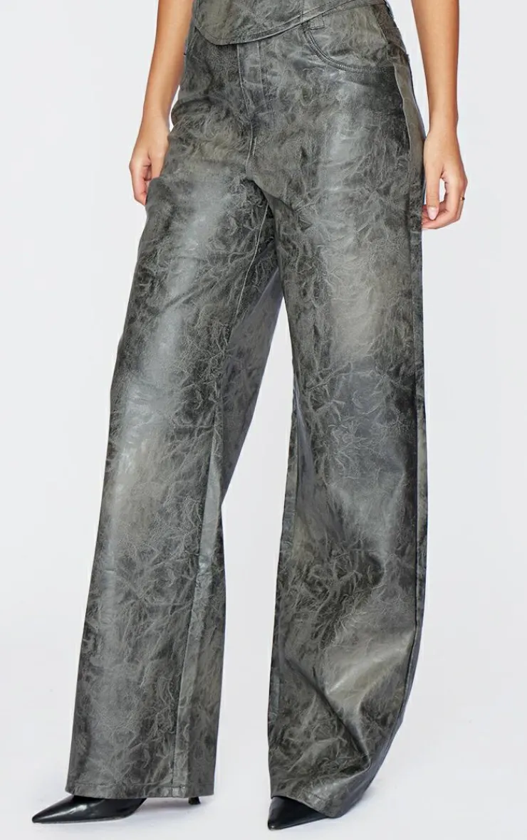 Online PrettyLittleThing Tall Faux Leather Wide Leg Pants Washed Grey