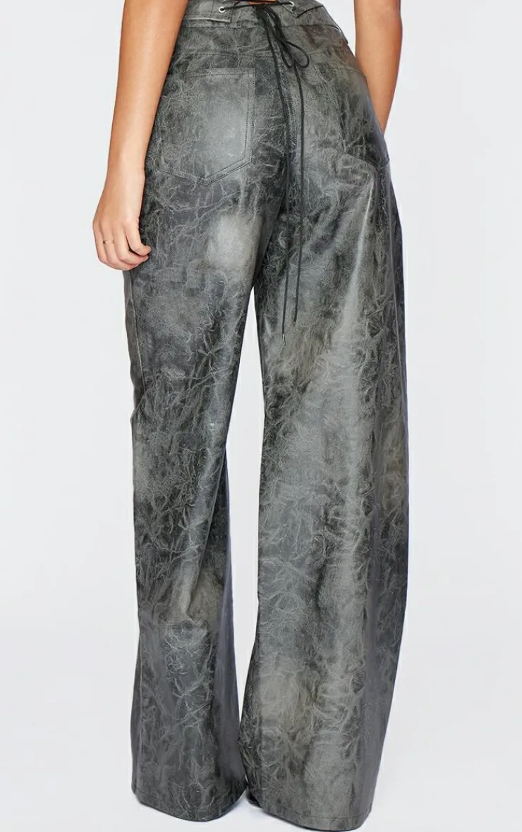 Online PrettyLittleThing Tall Faux Leather Wide Leg Pants Washed Grey