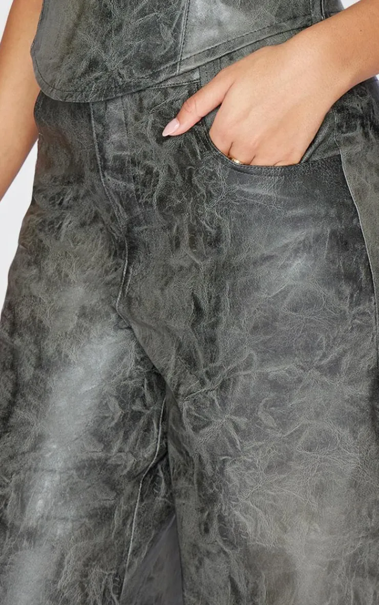 Online PrettyLittleThing Tall Faux Leather Wide Leg Pants Washed Grey