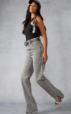 Tall Washed Grey High Rise Split Hem Detail Jeans