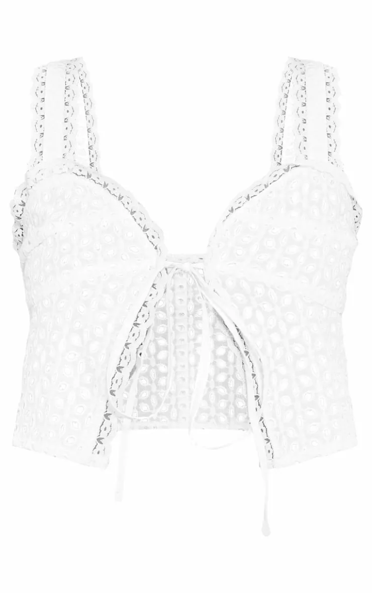 Outlet PrettyLittleThing Tall Broderie Detail Tie Front Crop Top White