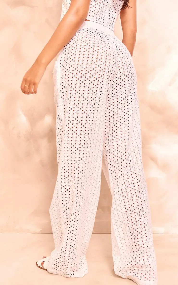 New PrettyLittleThing Tall Broderie Detail Wide Leg Pants White