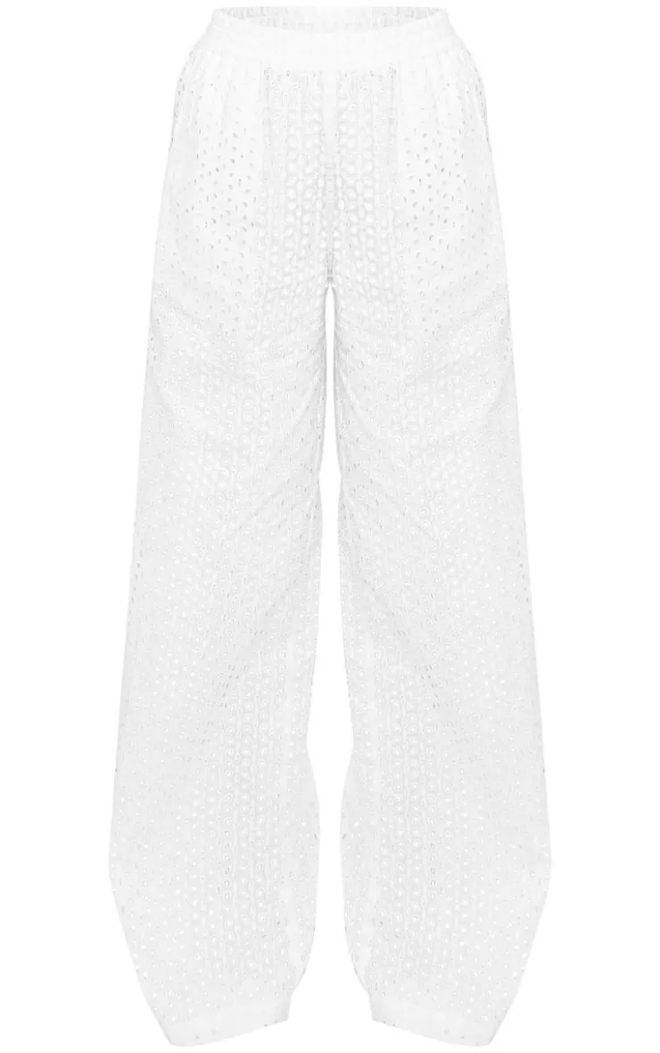New PrettyLittleThing Tall Broderie Detail Wide Leg Pants White