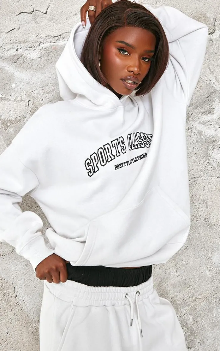 Online PrettyLittleThing Tall Sports Classic Embroidered Oversized Hoodie White