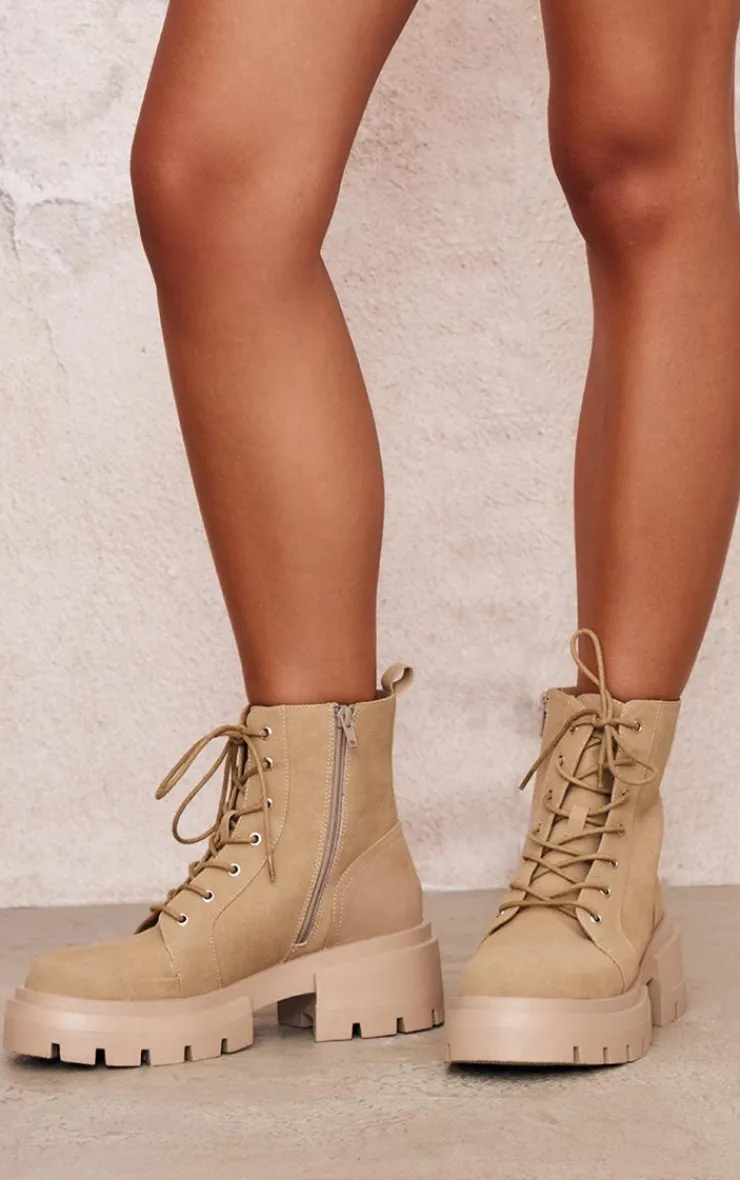 PrettyLittleThing Biker Boots*PU Round Toe Lace Up Chunky Ankle Boots