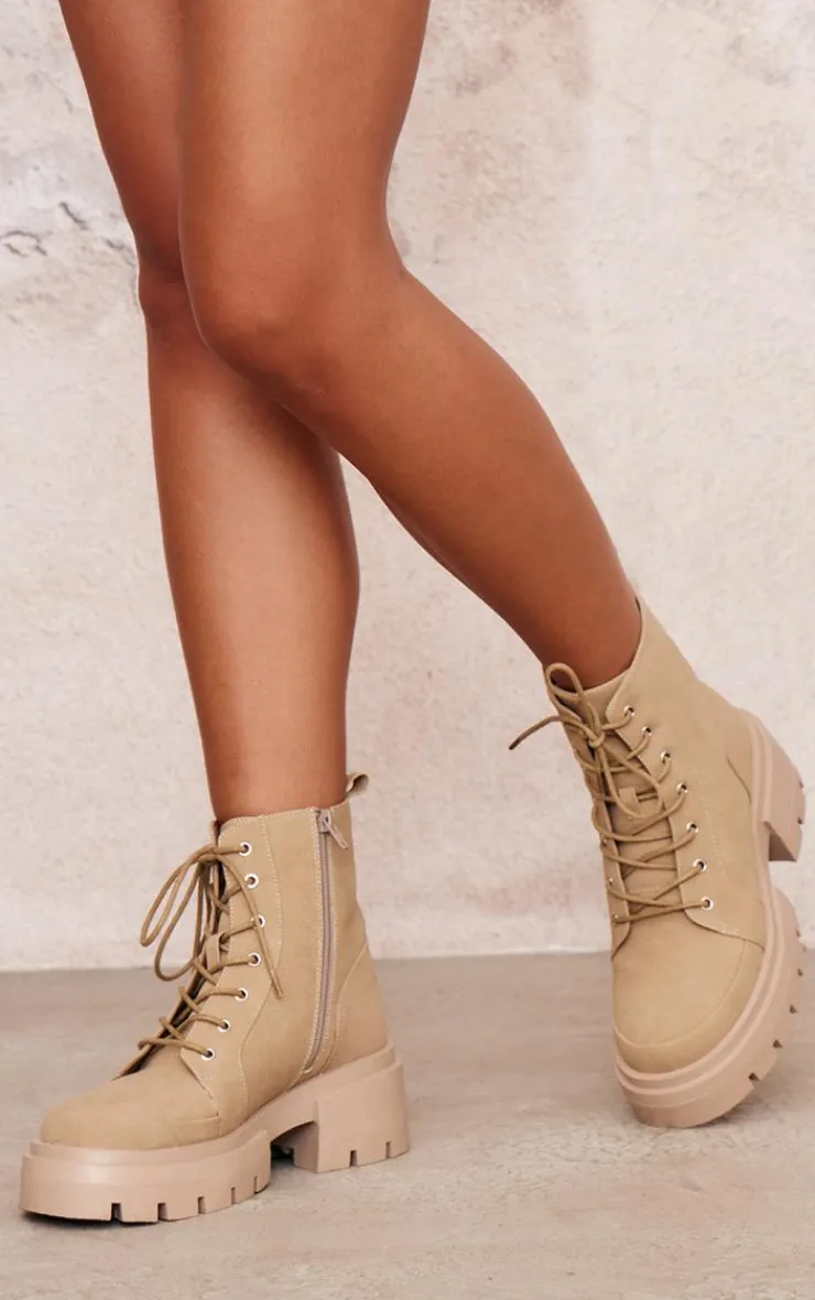 PrettyLittleThing Biker Boots*PU Round Toe Lace Up Chunky Ankle Boots