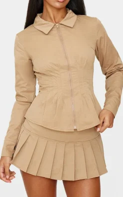 Sale PrettyLittleThing Zip Front Fitted Long Sleeve Jacket Tan