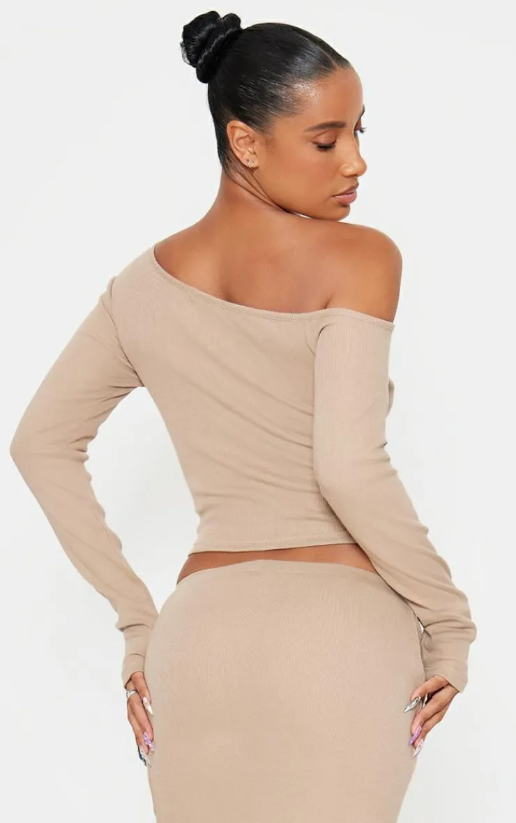 PrettyLittleThing Asymmetric Neck Rib Long Sleeve Top Taupe