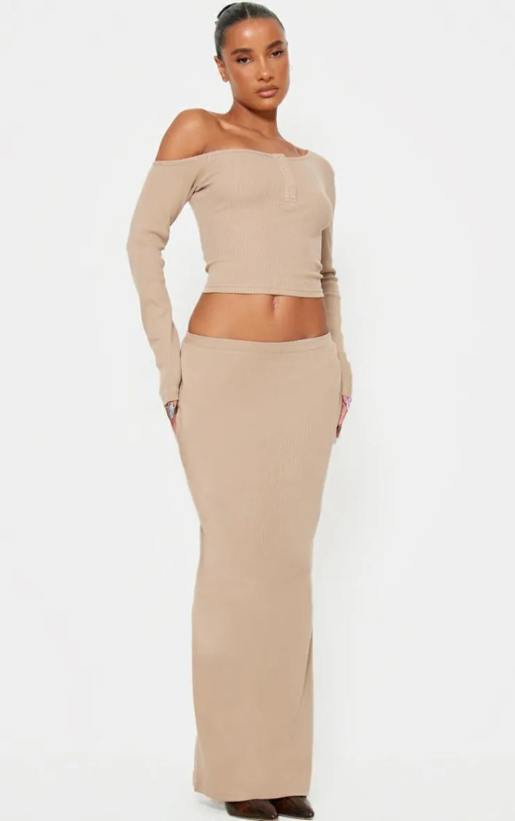 PrettyLittleThing Asymmetric Neck Rib Long Sleeve Top Taupe