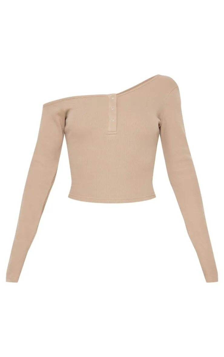 PrettyLittleThing Asymmetric Neck Rib Long Sleeve Top Taupe