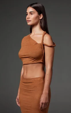 PrettyLittleThing Faux Suede Twist Strap Detail Crop Top Taupe