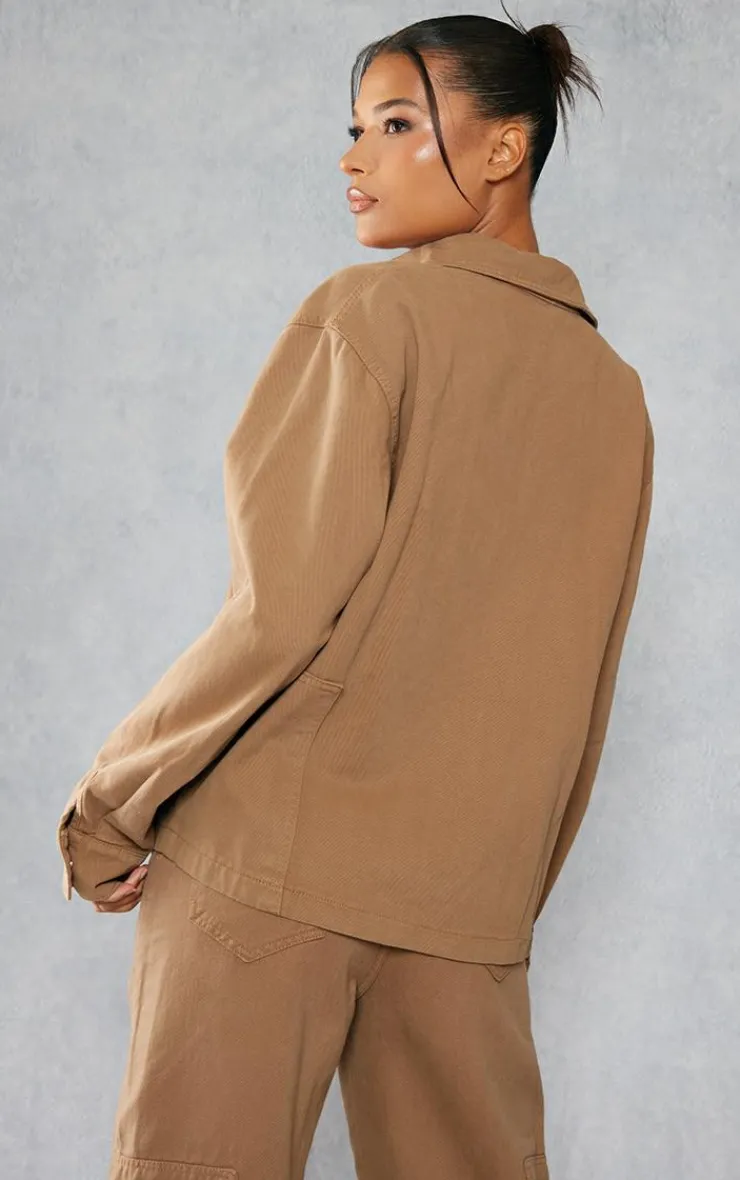 Outlet PrettyLittleThing Oversized Utility Pocket Denim Shirt Taupe