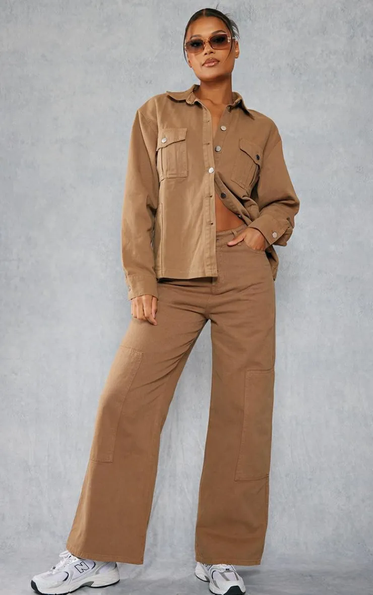 Outlet PrettyLittleThing Oversized Utility Pocket Denim Shirt Taupe