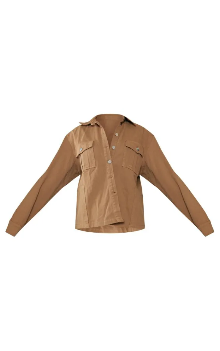 Outlet PrettyLittleThing Oversized Utility Pocket Denim Shirt Taupe