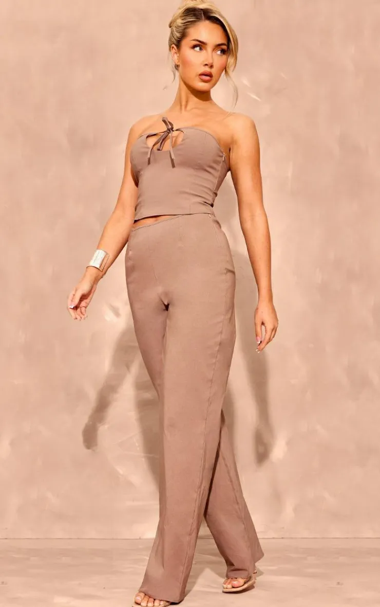 Outlet PrettyLittleThing Stretch Woven Seam Detail Straight Leg Pants Taupe