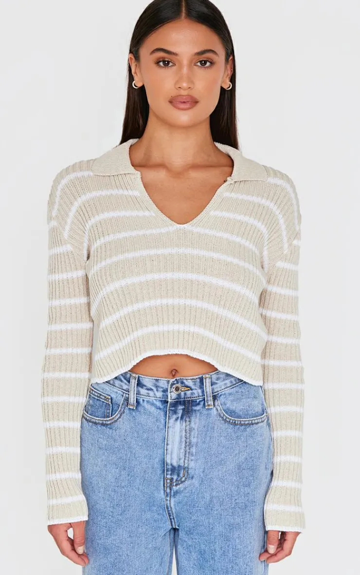 PrettyLittleThing Knitted Tops*Stripe Rib Knit V Neck Cropped Polo