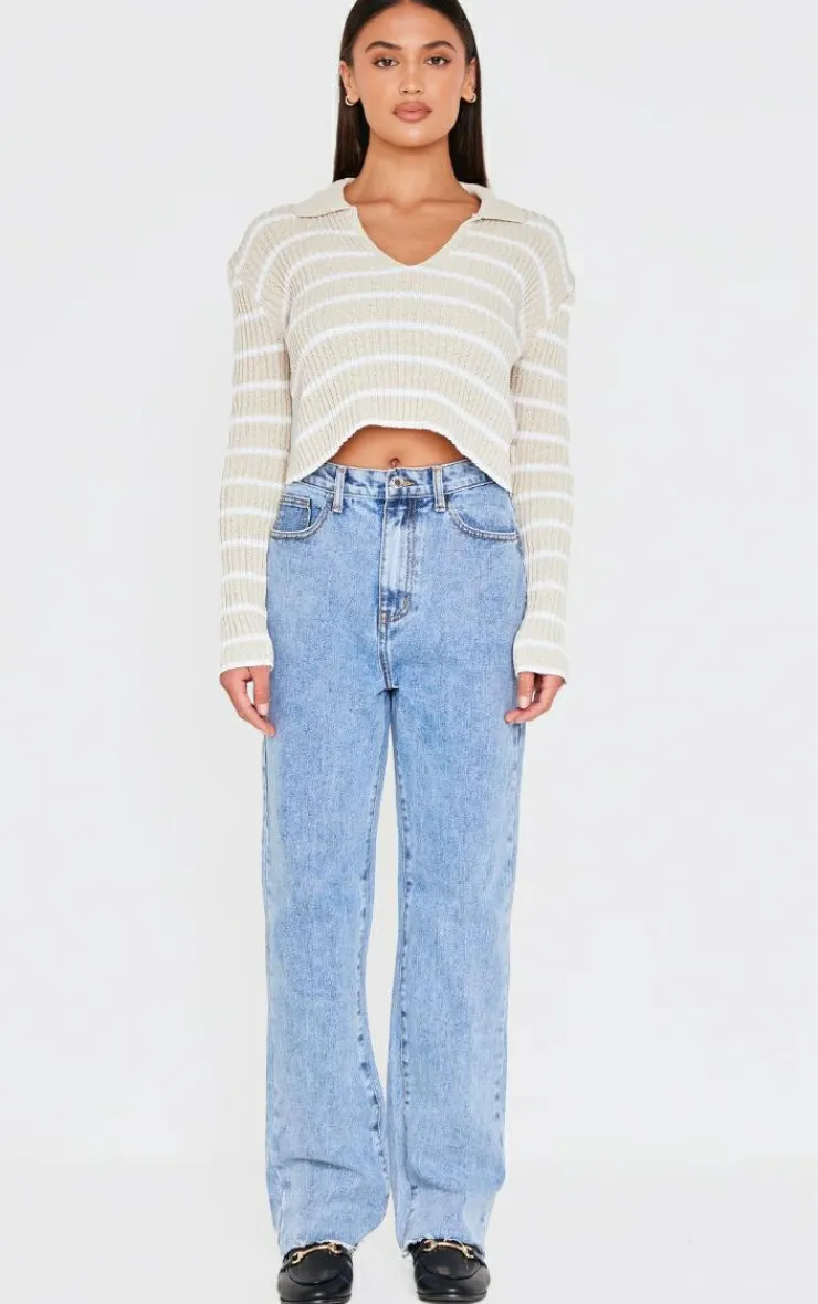 PrettyLittleThing Knitted Tops*Stripe Rib Knit V Neck Cropped Polo