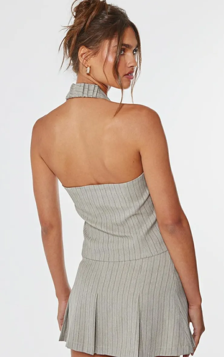 Hot PrettyLittleThing Tailored Woven Herringbone Halterneck Top Taupe