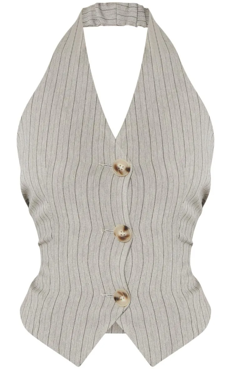 Hot PrettyLittleThing Tailored Woven Herringbone Halterneck Top Taupe