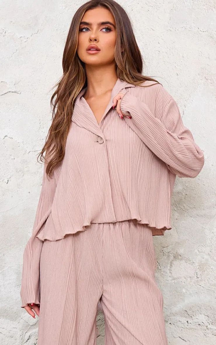 Hot PrettyLittleThing Textured Pleated Button Front Shirt Taupe