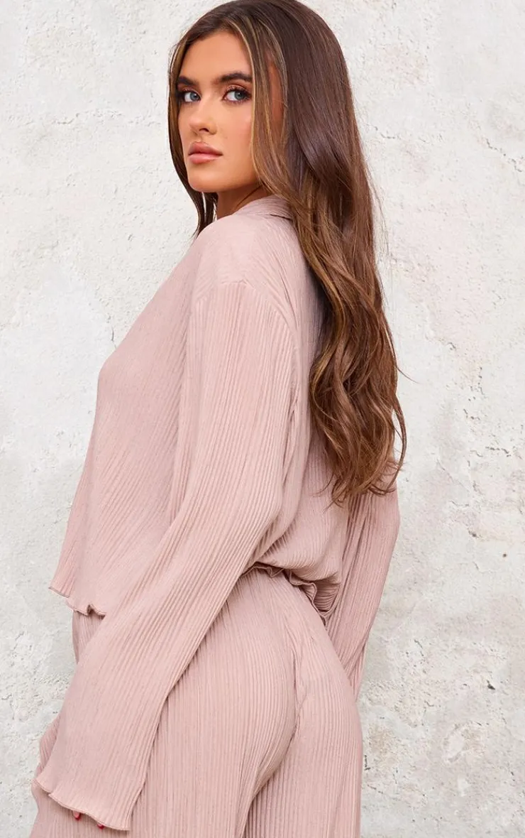 Hot PrettyLittleThing Textured Pleated Button Front Shirt Taupe
