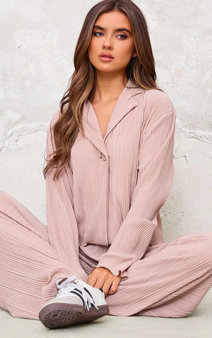 Hot PrettyLittleThing Textured Pleated Button Front Shirt Taupe
