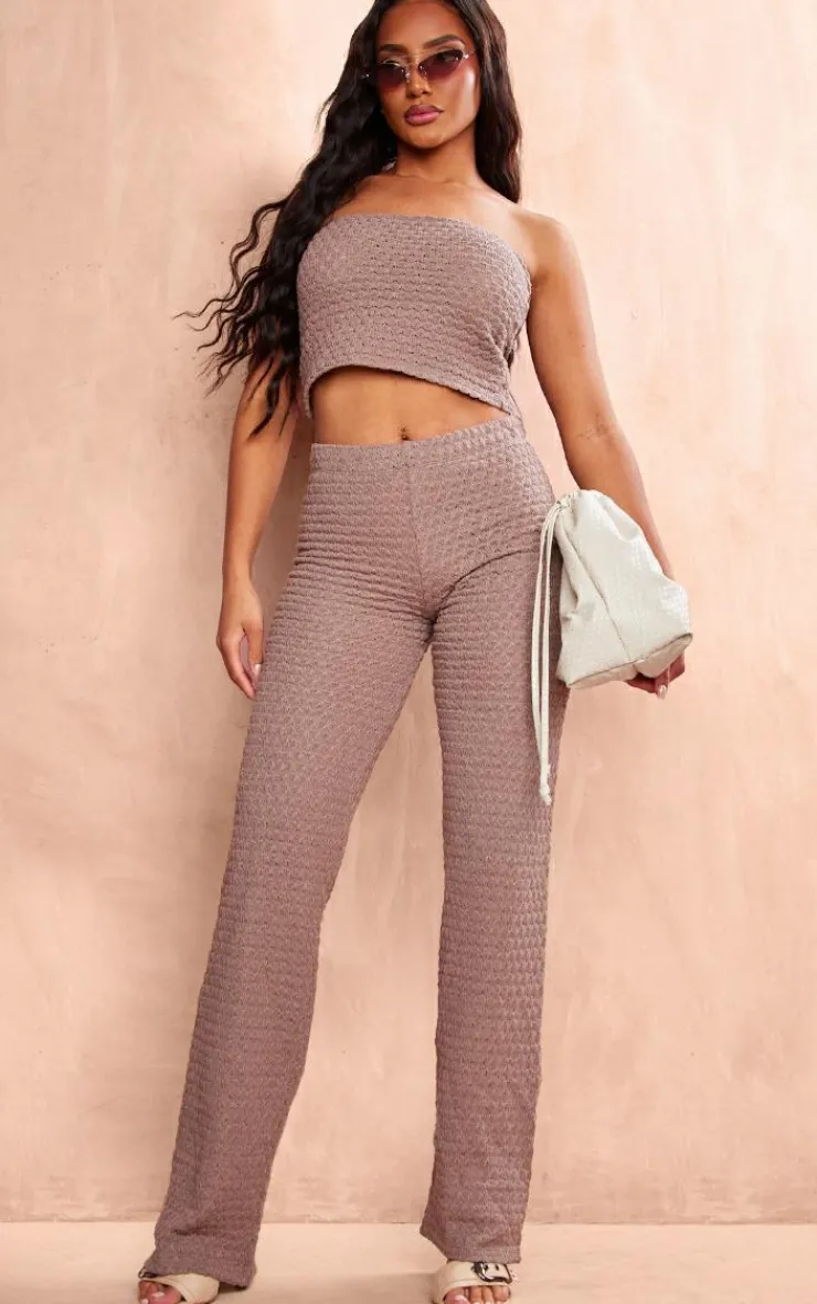 Hot PrettyLittleThing Textured Rib Flare Pants Taupe