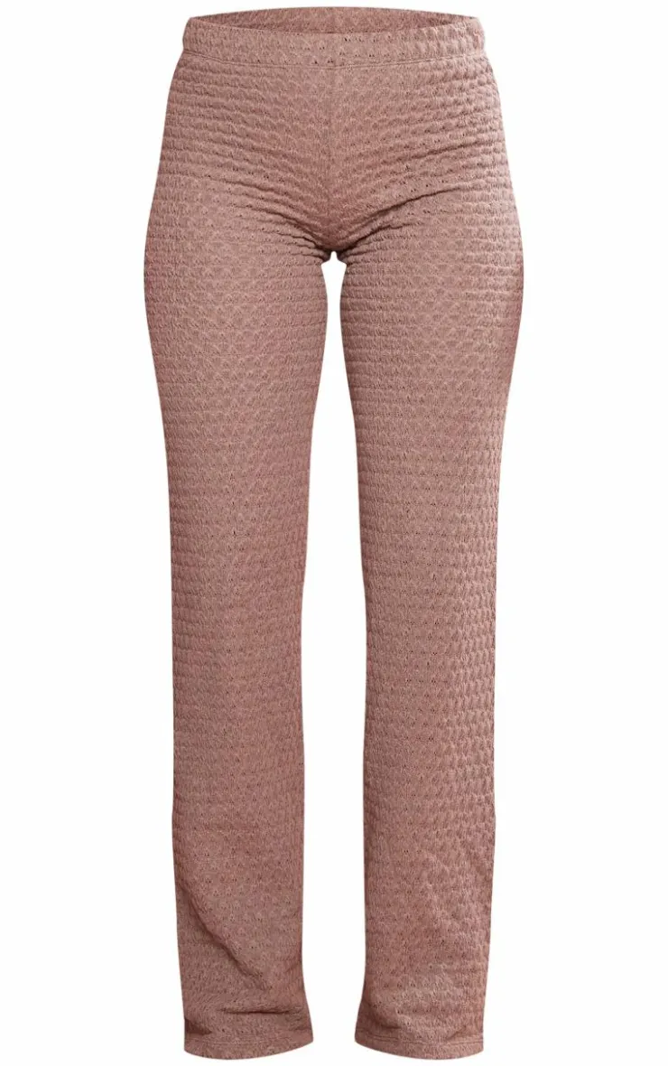 Hot PrettyLittleThing Textured Rib Flare Pants Taupe