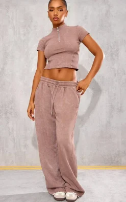 New PrettyLittleThing Taupe Washed Rib Panel Wide Leg Sweatpants Taupe.