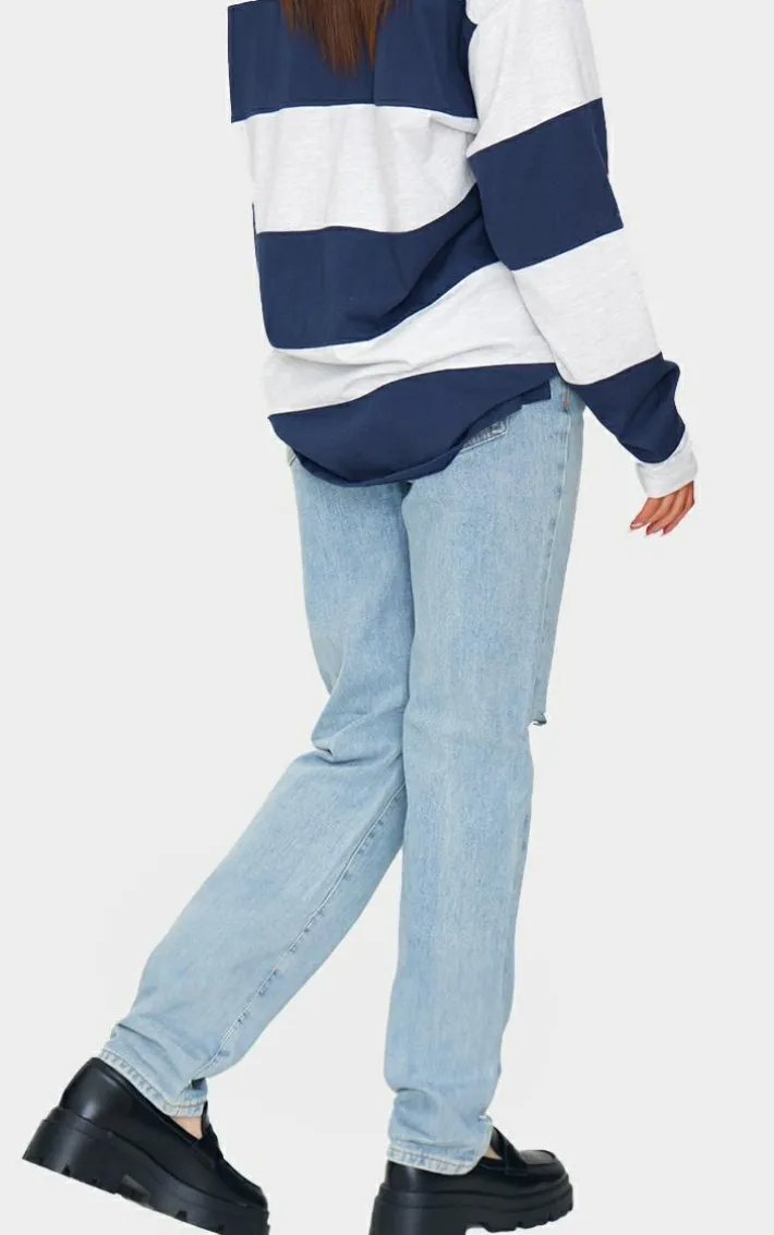 Vintage Light Blue Wash Slash Knee Long Leg Straight Leg Jeans